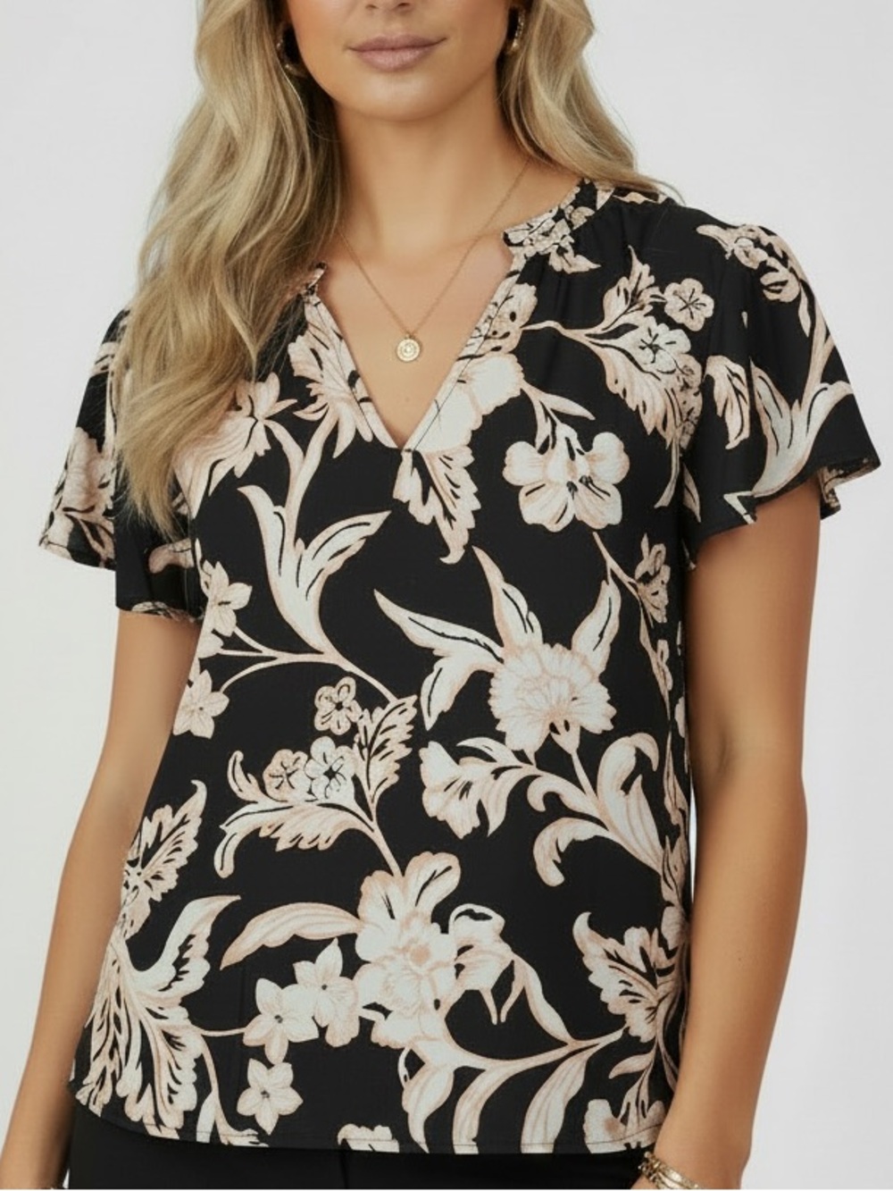 NWT CECE Black Floral V-Neck Short Sleeve Blouse Size X-Large